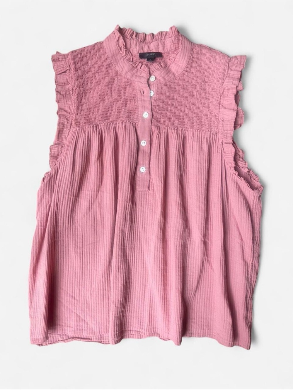J.Crew Dusty Pink Double Gauze Ruffle Smocked Henley Sleeveless Top Sz Large